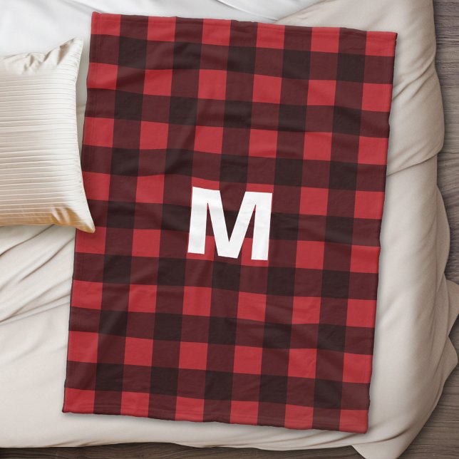 Rustic Red & Black Buffalo Plaid Pattern Monogram Fleece Blanket (Personalized fleece blanket - buffalo plaid)