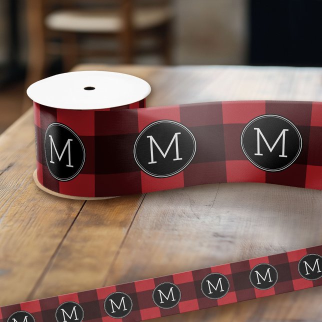 Rustic Red & Black Buffalo Plaid Pattern Monogram Grosgrain Ribbon (Custom Monogram Ribbon)