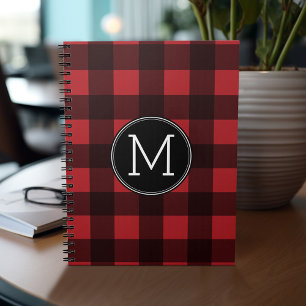 Rustic Red & Black Buffalo Plaid Pattern Monogram Notebook