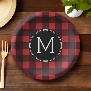 Rustic Red Black Buffalo Plaid Pattern Monogram Paper Plate