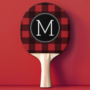 Rustic Red & Black Buffalo Plaid Pattern Monogram Ping Pong Paddle