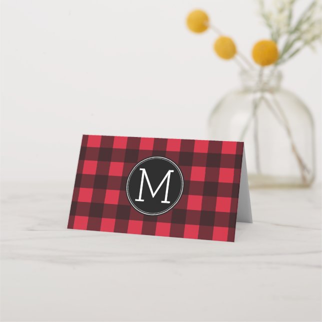 Rustic Red & Black Buffalo Plaid Pattern Monogram Place Card (Front)