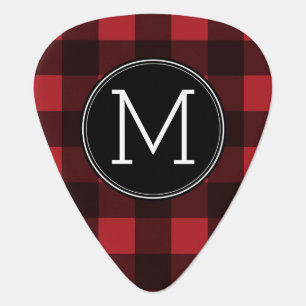 Rustic Red & Black Buffalo Plaid Pattern Monogram Plectrum