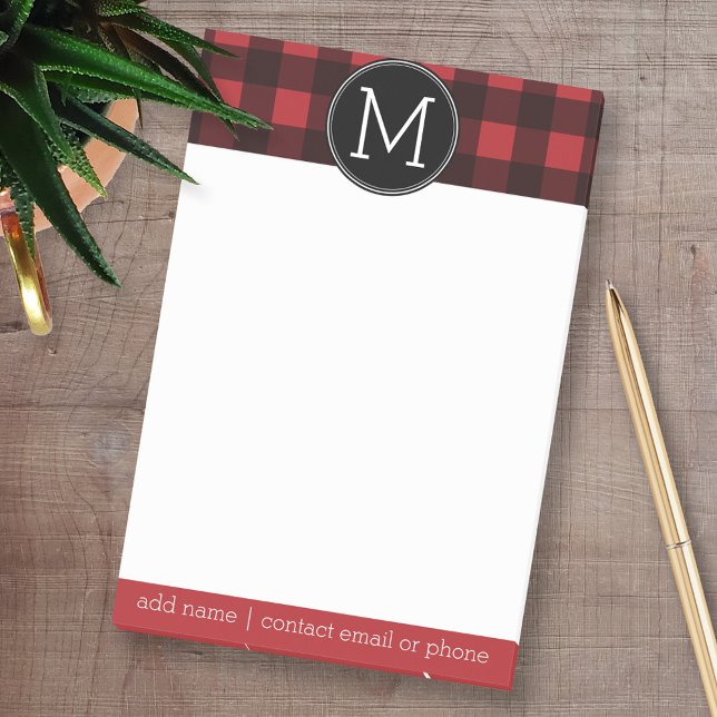 Rustic Red & Black Buffalo Plaid Pattern Monogram Post-it Notes (Custom Post-it Note Pads - Add your name and other text)