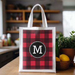 Rustic Red & Black Buffalo Plaid Pattern Monogram Reusable Grocery Bag