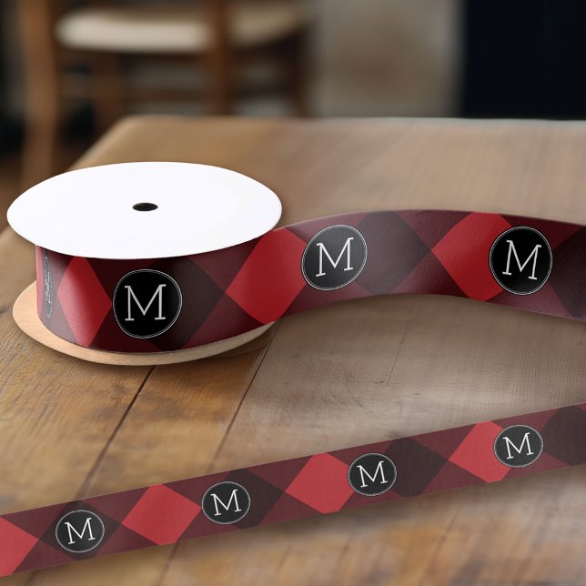 Rustic Red & Black Buffalo Plaid Pattern Monogram Satin Ribbon (Custom Ribbon on a Roll - Personalize this ribbon with you text)