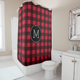 Rustic Red & Black Buffalo Plaid Pattern Monogram Shower Curtain