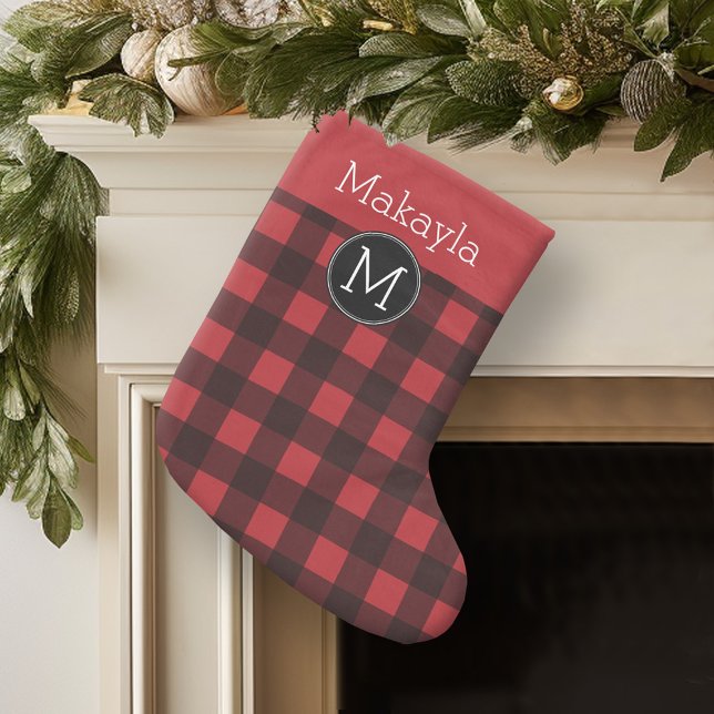 Rustic Red Black Buffalo Plaid Pattern Monogram Small Christmas Stocking (Personalized Christmas Stocking - buffalo plaid)