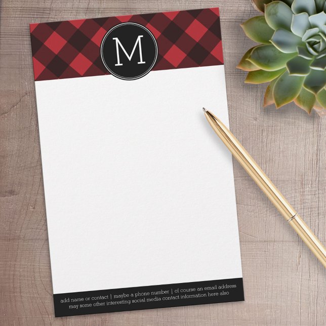 Rustic Red Black Buffalo Plaid Pattern Monogram Stationery (Personalized Stationery)