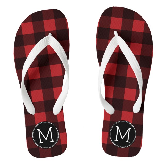 Rustic Red & Black Buffalo Plaid Pattern Monogram Thongs (Footbed)