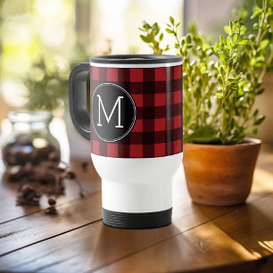 Rustic Red & Black Buffalo Plaid Pattern Monogram Travel Mug