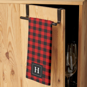 Rustic Red Black Buffalo Plaid Pattern Monogrammed Tea Towel