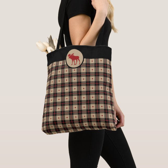 Rustic Red Black Buffalo Plaid Pattern Moose Tote Bag (Close Up)