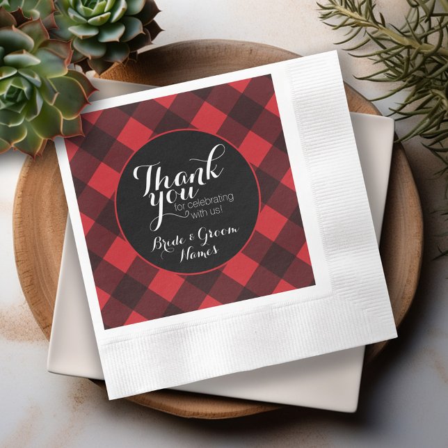 Rustic Red Black Buffalo Plaid Pattern Thank You Napkin (Personalized Wedding Thank You Napkins)