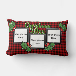 Rustic red black buffalo plaid personalise photo  lumbar cushion