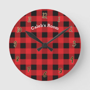 Rustic Red Black Buffalo Plaid Personalised Name Round Clock