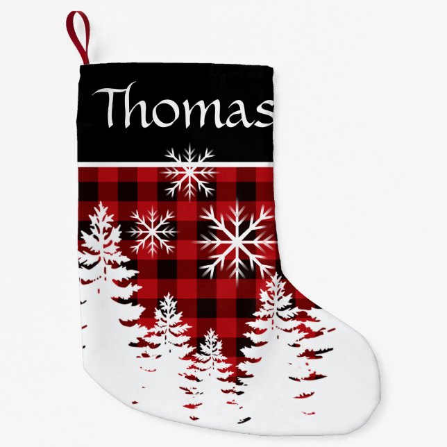 Rustic red, black buffalo plaid small christmas stocking (Front)