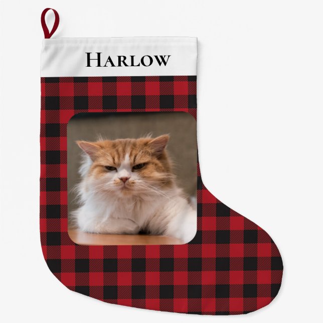 Rustic Red Black Check Plaid Pet Photo Cat Large Christmas Stocking (Front)