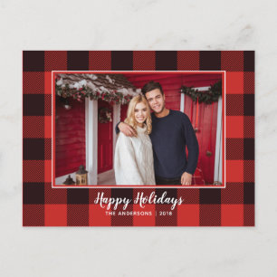 Rustic Red & Black Gingham Flannel Christmas Tree Announcement Postcard