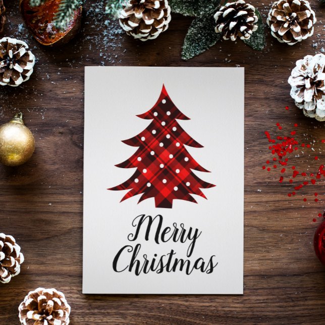 Rustic Red Black Plaid Blank Merry Christmas Tree Holiday Card (Creator Uploaded)