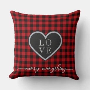 Rustic Red Black Plaid Christmas Heart Monogram Cushion