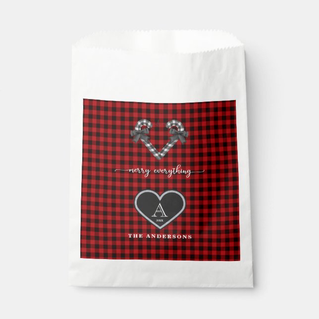 Rustic Red Black Plaid Christmas Heart Monogram Favour Bag (Front)