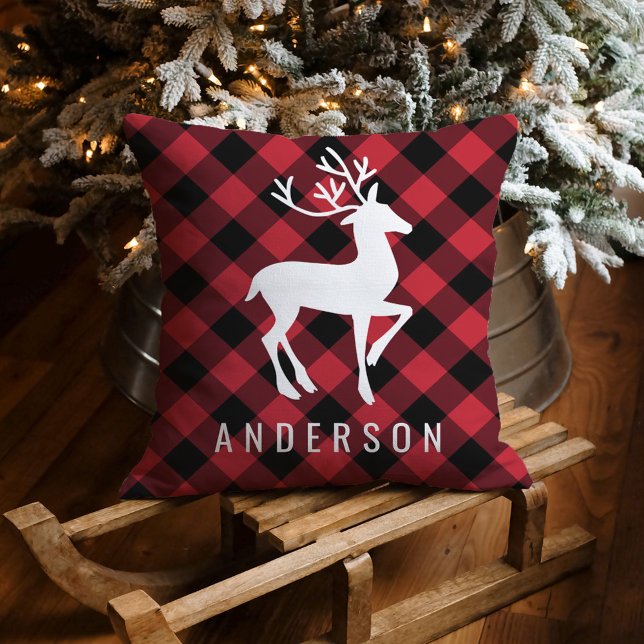 Rustic Red Black Plaid Deer Christmas Monogram Cushion (Creator Uploaded)