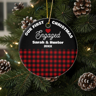 Rustic Red & Black Plaid Our 1st Christmas Engaged Ceramic Ornament