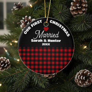 Rustic Red & Black Plaid Our 1st Christmas Married Ceramic Ornament