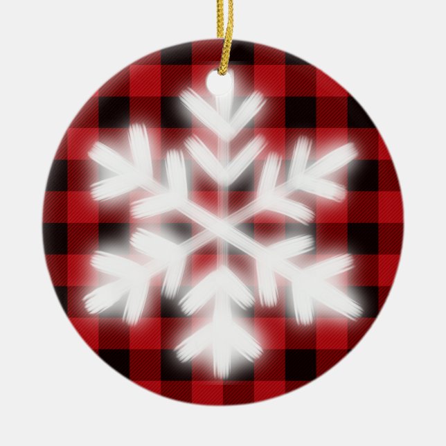 Rustic red black plaid pattern frosty snow flakes  ceramic ornament (Front)