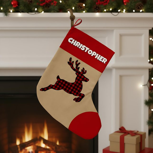 Rustic Red & Black Plaid Reindeer Custom Name Large Christmas Stocking (Creator Uploaded)