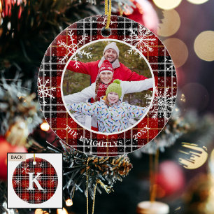 Rustic Red Black Plaid Snowflake Monogram Photo Ceramic Ornament