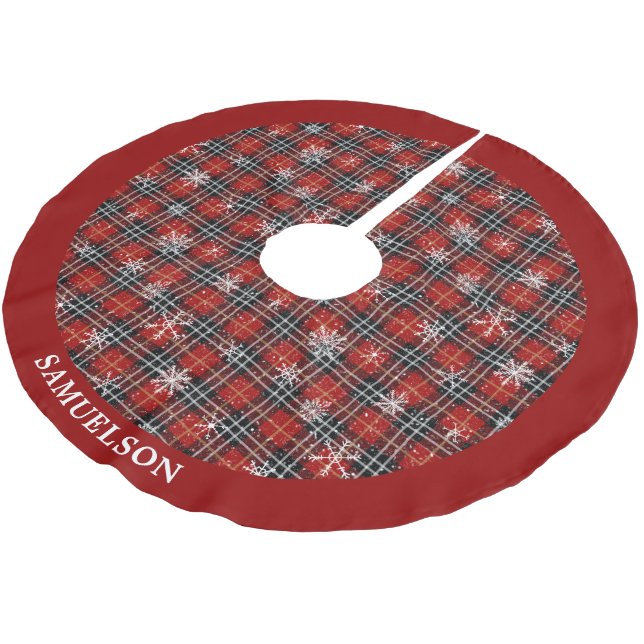 Rustic Red Black Plaid Snowflake Personalised Brushed Polyester Tree Skirt (Angled)