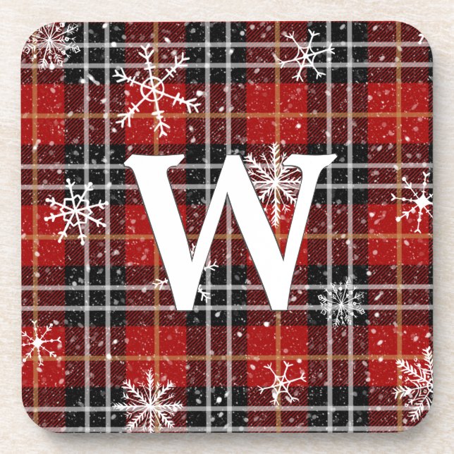 Rustic Red Black Plaid Tartan Snowflake Monogram Coaster (Front)