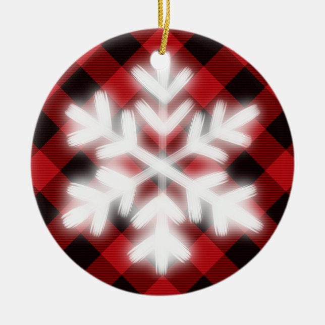 Rustic red black Tartan plaid  snow flake detail Ceramic Ornament (Front)