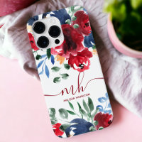 Rustic red blue elegant floral watercolor monogram