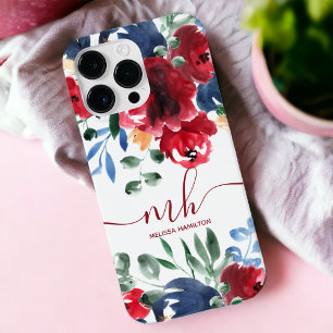 Rustic red blue elegant floral watercolor monogram iPhone 13 pro max case