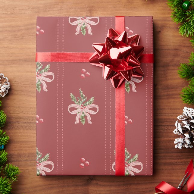 Rustic Red Botanical Bows Christmas Wrapping Paper (Rustic Red Botanical Bows Christmas Wrapping Paper | Vintage Holiday Elegance by Painted Paperie)