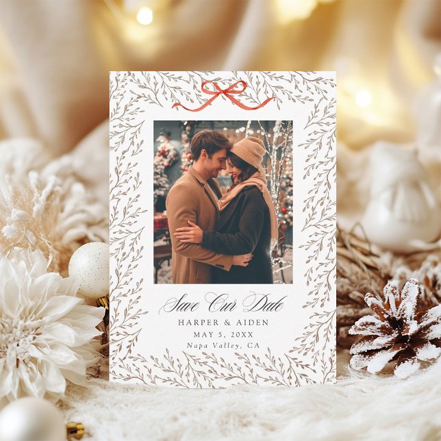 Rustic Red Bow Botanical Border Photo Save The Date (Creator Uploaded)
