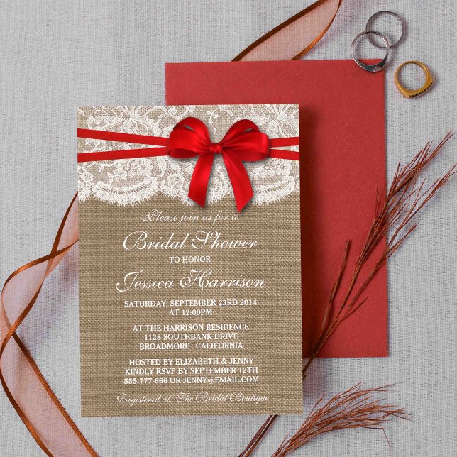 Rustic Red Bow, Burlap & Lace Bridal Shower Invitation (Creator Uploaded)