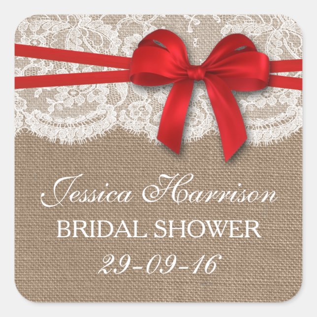 Rustic Red Bow, Burlap & Lace Bridal Shower Square Sticker (Front)