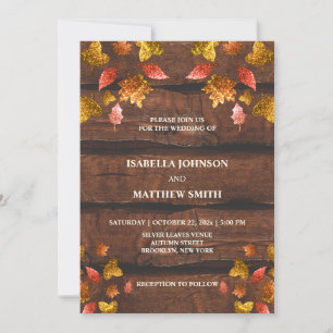 Rustic red brown gold leaves fall autumn Wedding  Invitation