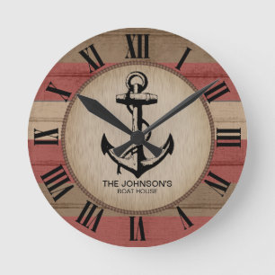 Rustic Red & Brown Nautical Stripes & Anchor  Roun Round Clock