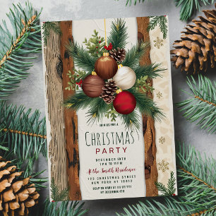 Rustic red Brown Ornaments Christmas Party Invitation