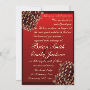 Rustic red brown pine cone wedding invitations