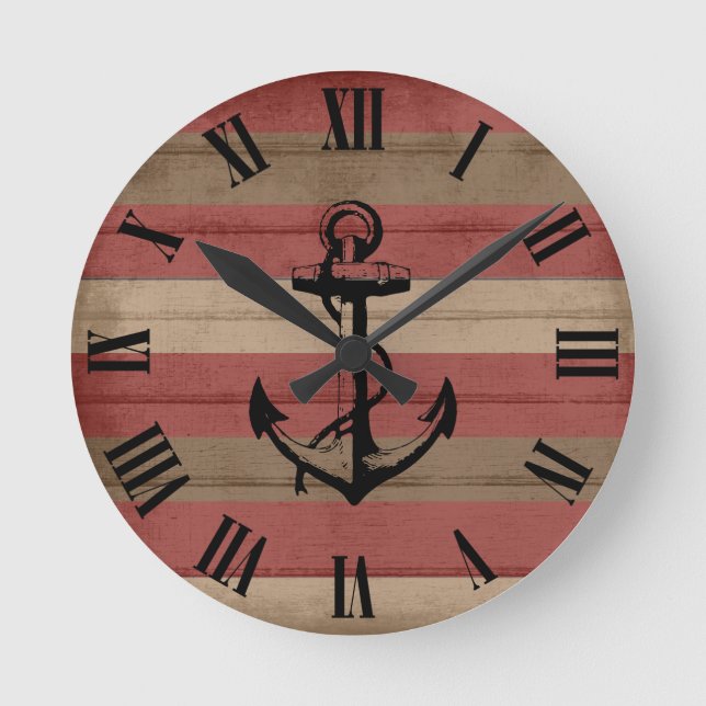 Rustic Red & Brown Wood Nautical Stripes & Anchor Round Clock (Front)