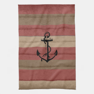 Rustic Red & Brown Wood Nautical Stripes & Anchor Tea Towel