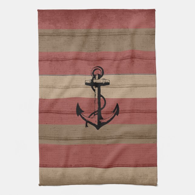 Rustic Red & Brown Wood Nautical Stripes & Anchor Tea Towel (Vertical)