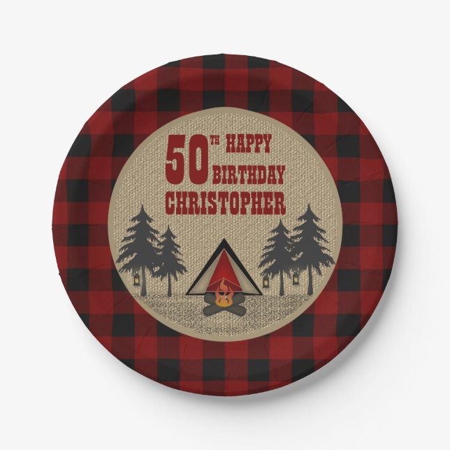 Rustic Red Buffalo Check Camp Camping Birthday Paper Plate (Front)
