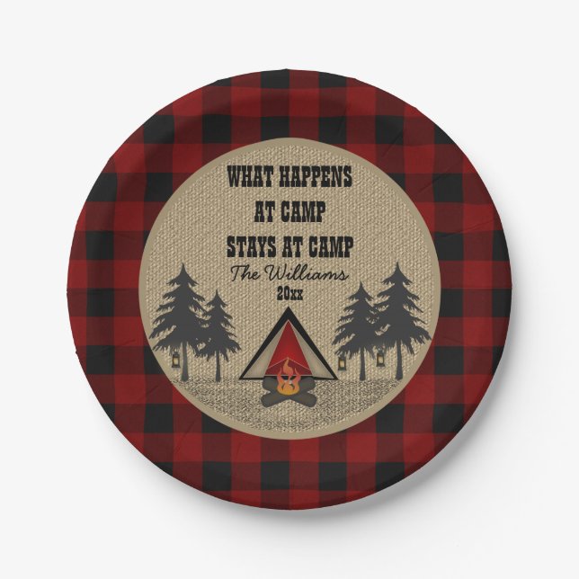 Rustic Red Buffalo Check Camp Camping Party Name Paper Plate (Front)